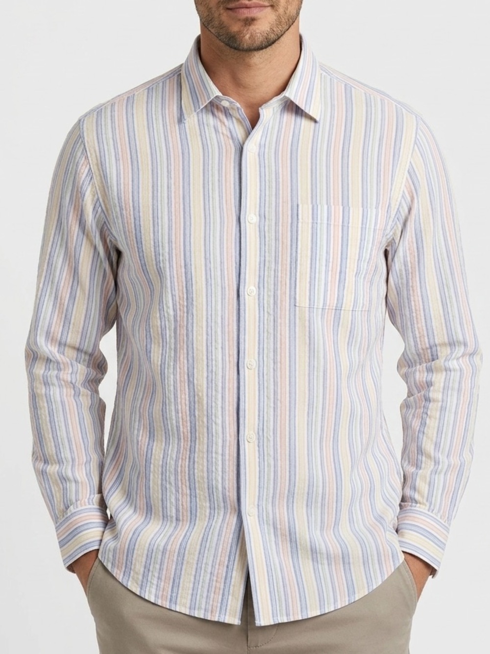 Jhane Barnes Vintage Pastel Stripe Linen-Blend Button Down Shirt
